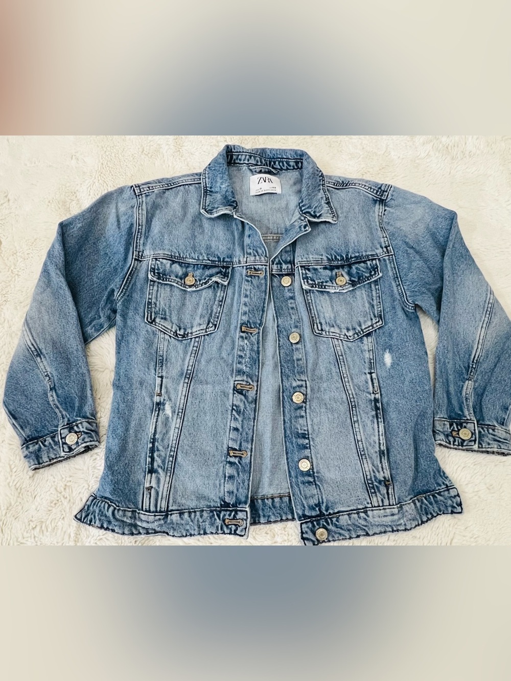 Zara Medium Light Blue Denim Jacket with Distressed Details